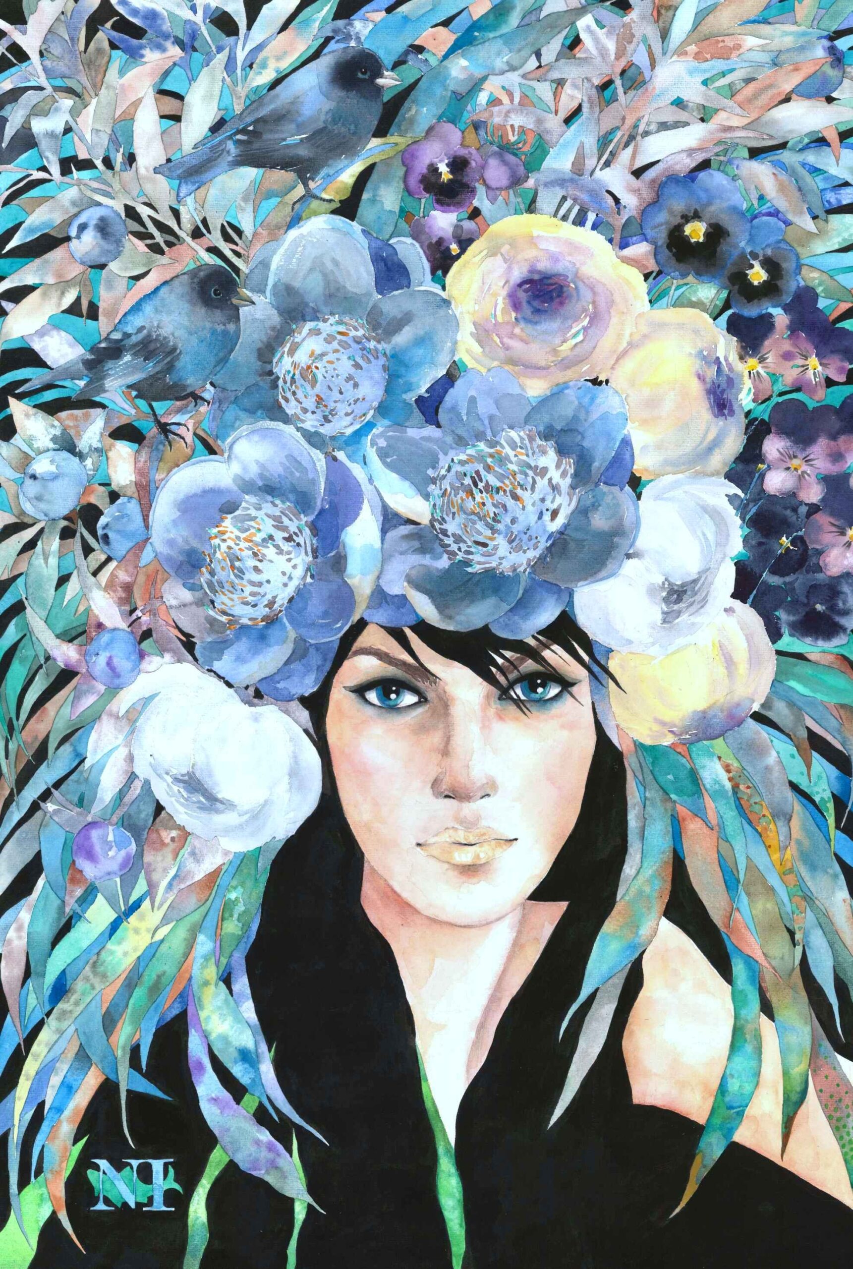 Virinea und die Vögel — Aquarell und schwarzes Acryl auf Papier von Nataliia Ignatiadi